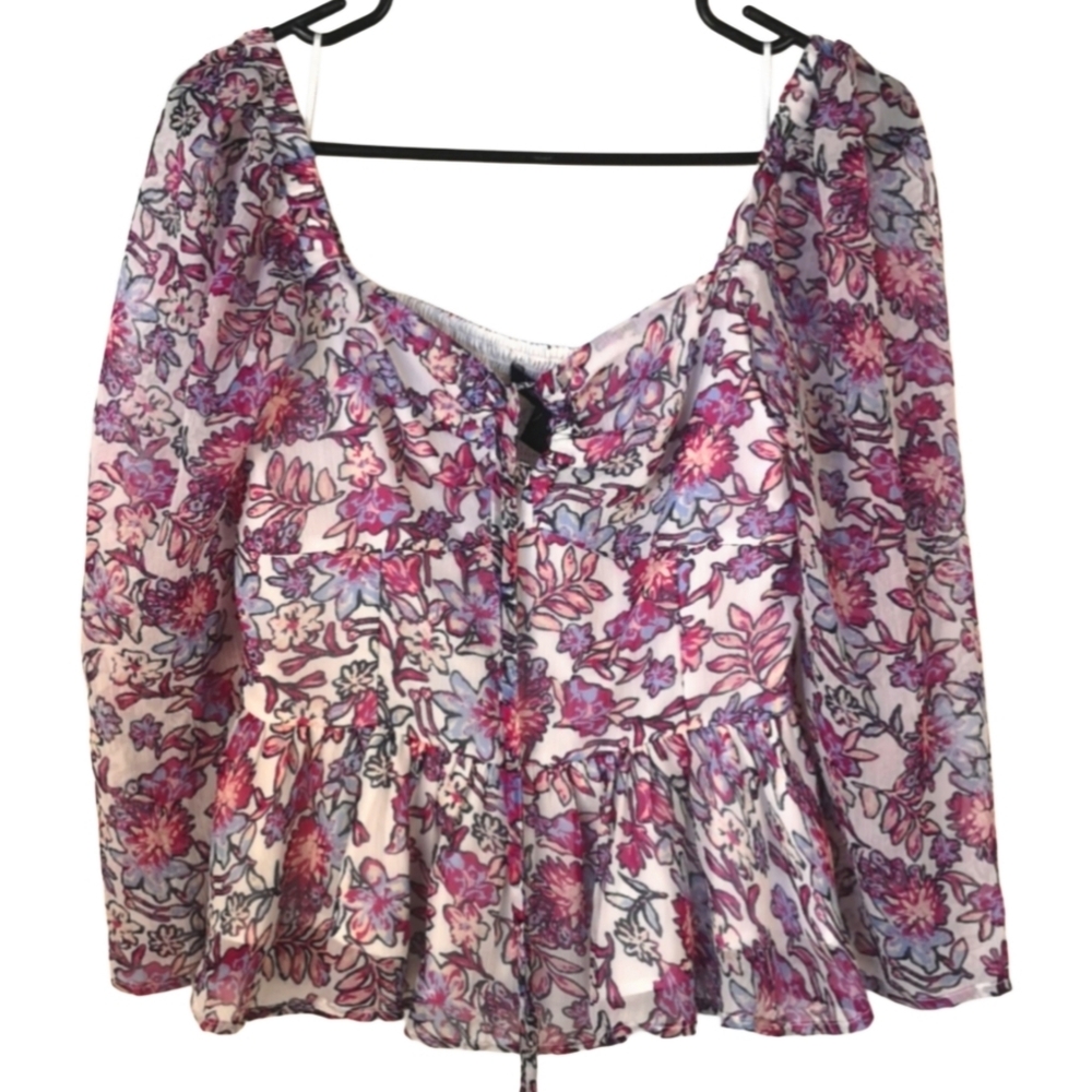 French Connection Medium Floral Boho Peplum Blouse‎ Purple Pink Cottagecore Top